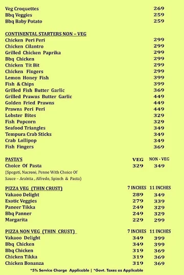 Vakaoo Rest-O-Bar & Lounge menu 