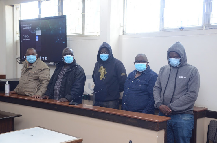 Former director general of the national museum of Kenya Dr Mzalendo Kibunja, Stanvas Ongalo, ICT Officer Oliver Okinyi Rabuor, Wycliffe Odhiambo Ongata and Oscar Mwaura before anti corruption magistrate Victor Wakumile at Milimani Anti corruption court where they have been charged with embezzlement of Sh441 million on April 16,2024