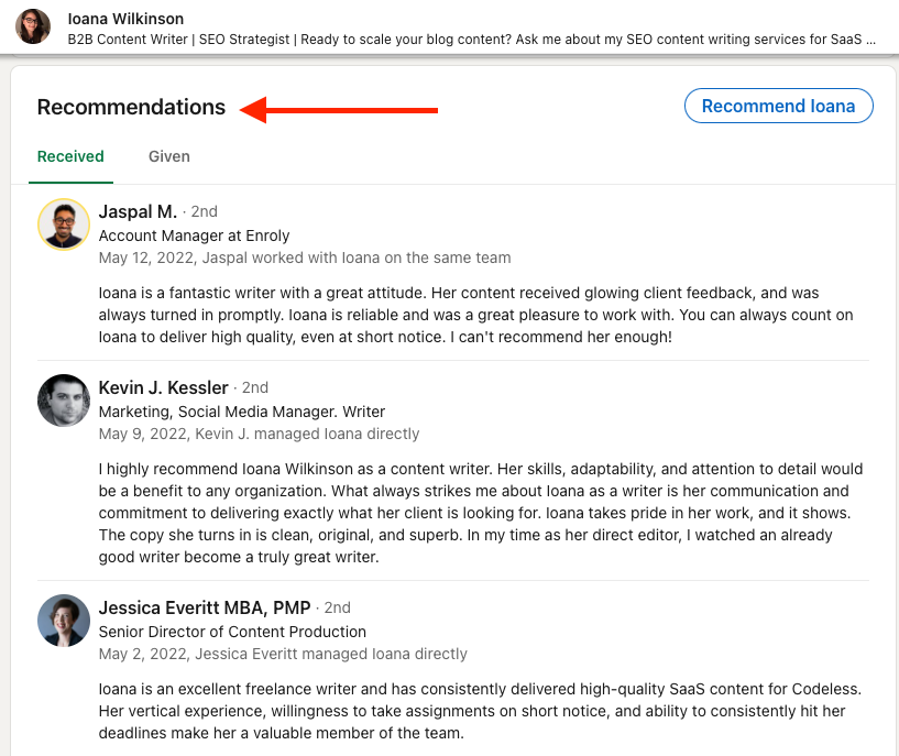 Ioana Wilkinson LinkedIn reccomendations.
