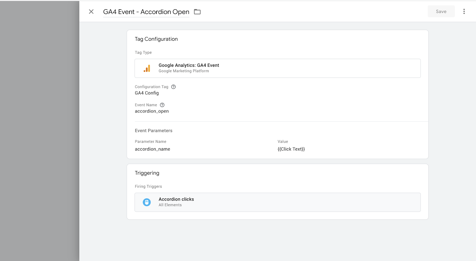 Screenshot of a GA4 event tag set up in Google Tag Manager to track accordion clicks, including an “accordion_name” event parameter