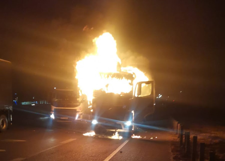 Some of the vehicles that were set on fire during protests on the N3 on Friday night.