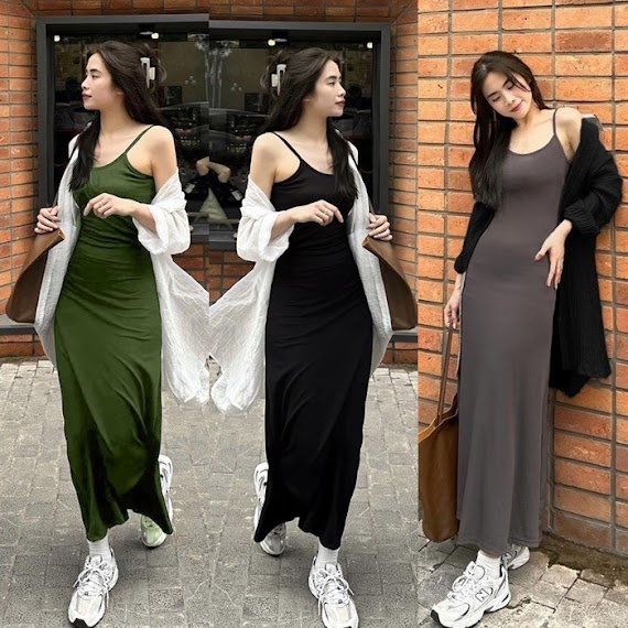 Set Đầm Dây Dài Midi Thun Suông Trơn Maxi Basic Dạo Phố Đi Biển + Áo Sơ Mi Rộng Dài Đi Chơi