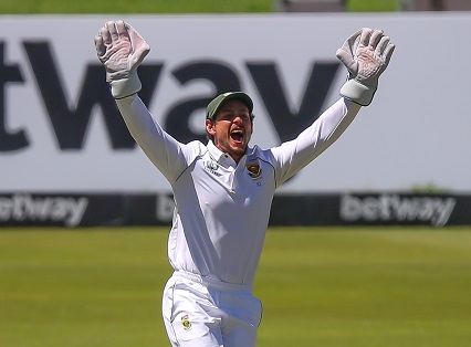 An unsuccessful appeal from behind the stumps from SA wicketkeeper Quinton de Kock in the first Test against India at SuperSport Park in Centurion on December 29 2021. De Kock has since retired from Test cricket.