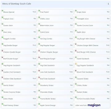 Bombay South Cafe menu 