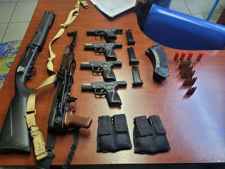 Police confiscated these firearms after arresting three suspects who were driving a rented BMW with blue lights on the R59 on Tuesday.