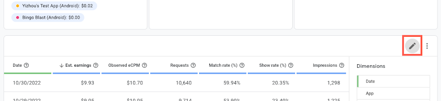 Example of editing a report table in AdMob