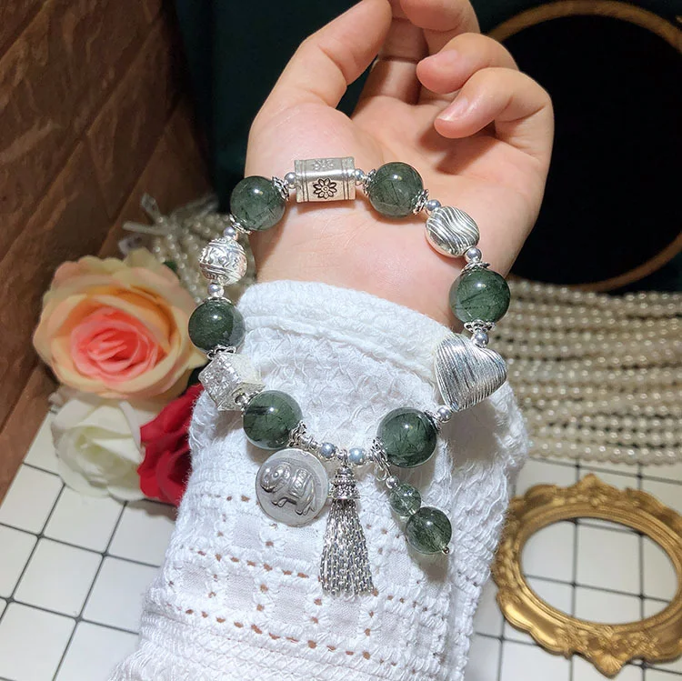 Vintage zilveren sieraden DIY groen kwarts rutiel 925 zilveren olifant kwastjes armband voor unieke sieraden.