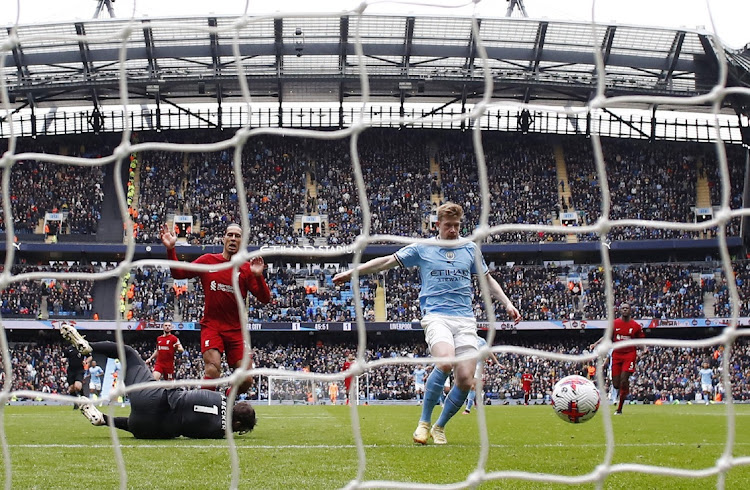 Kevin De Bruyne scores Manchester City's second goal against Liverpool at Etihad Stadium in Manchester, Britain, on April 1 2023. Picture: JASON CAIRNDUFF/ACTION IMAGES via REUTERS