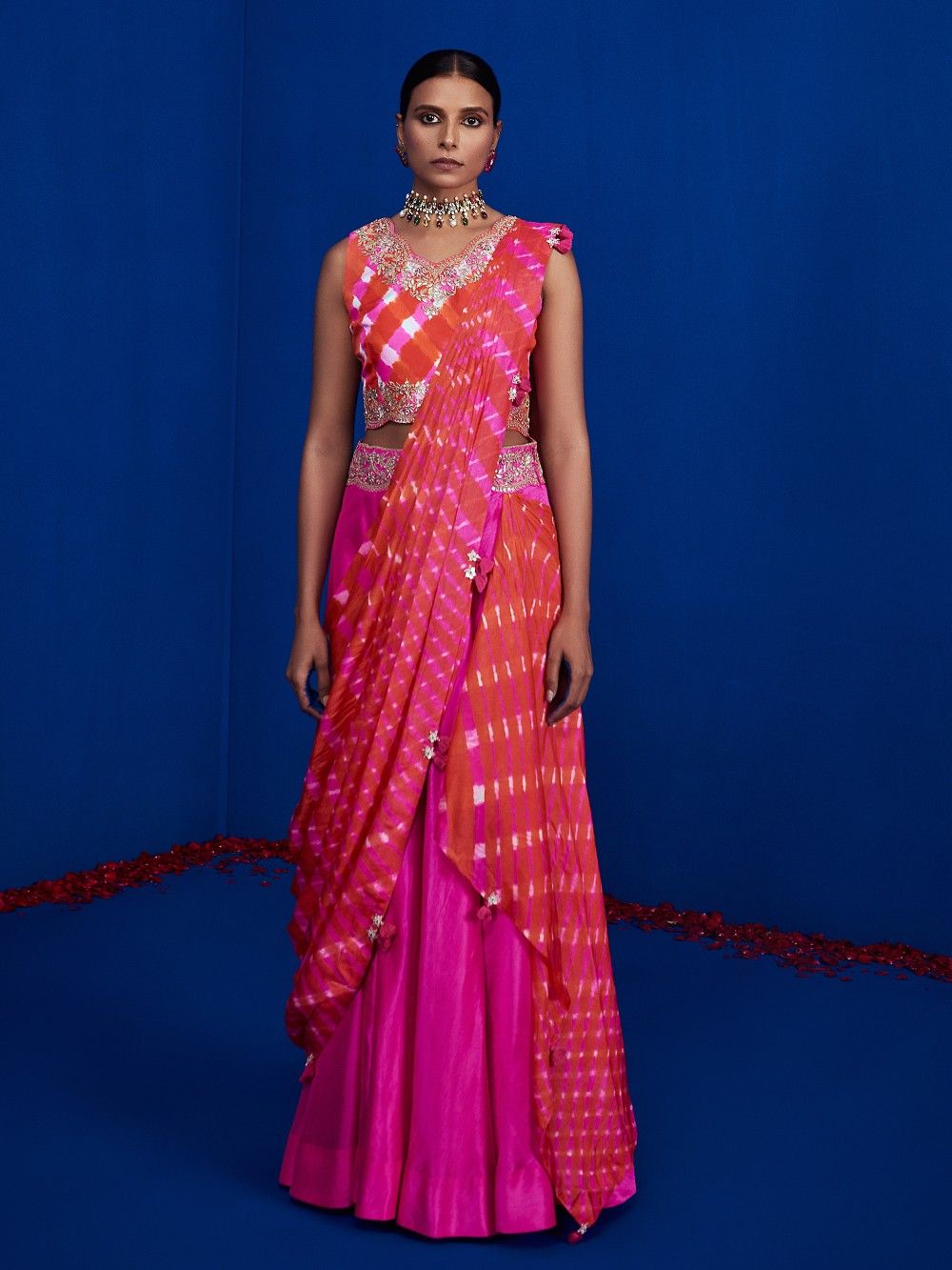 the loom - Pink Orange Leheriya Silk Lehenga Saree