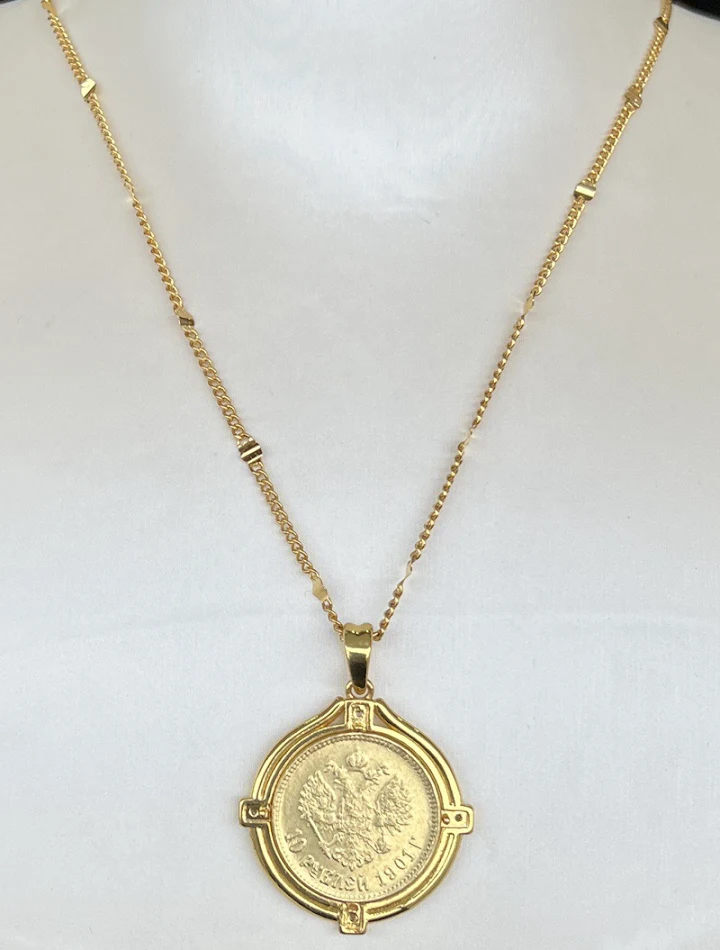 Nikola II gouden munt diamanten hanger ketting – een luxueus sieraad dat geschiedenis en elegantie combineert, ideaal als cadeau.