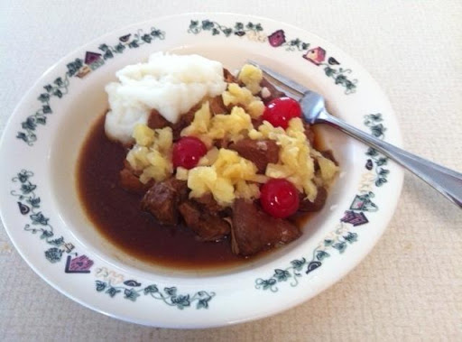 I added pineapple and marachino cherries/with mashed potatoes. Delicious, just not crunchy. :)