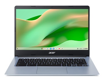 Een vooraanzicht van een Acer Chromebook 314 waarop het startscherm te zien is.