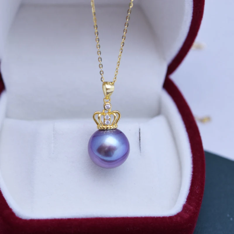 Colar feminino com pingente de coroa de prata S925, pérola redonda 11-12mm, brilho intenso, design perfeito e elegante.