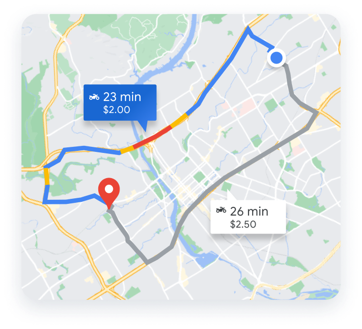 同じ目的地への 2 つのルートが表示された地図