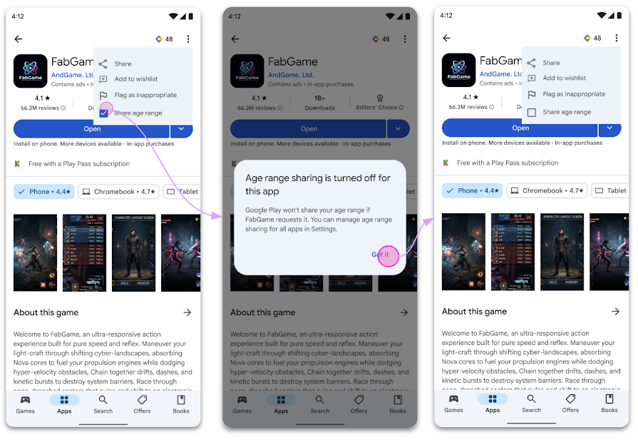 Uma representação de como gerenciar a configuração de compartilhamento de idade em um app hipotético chamado "FabGame"