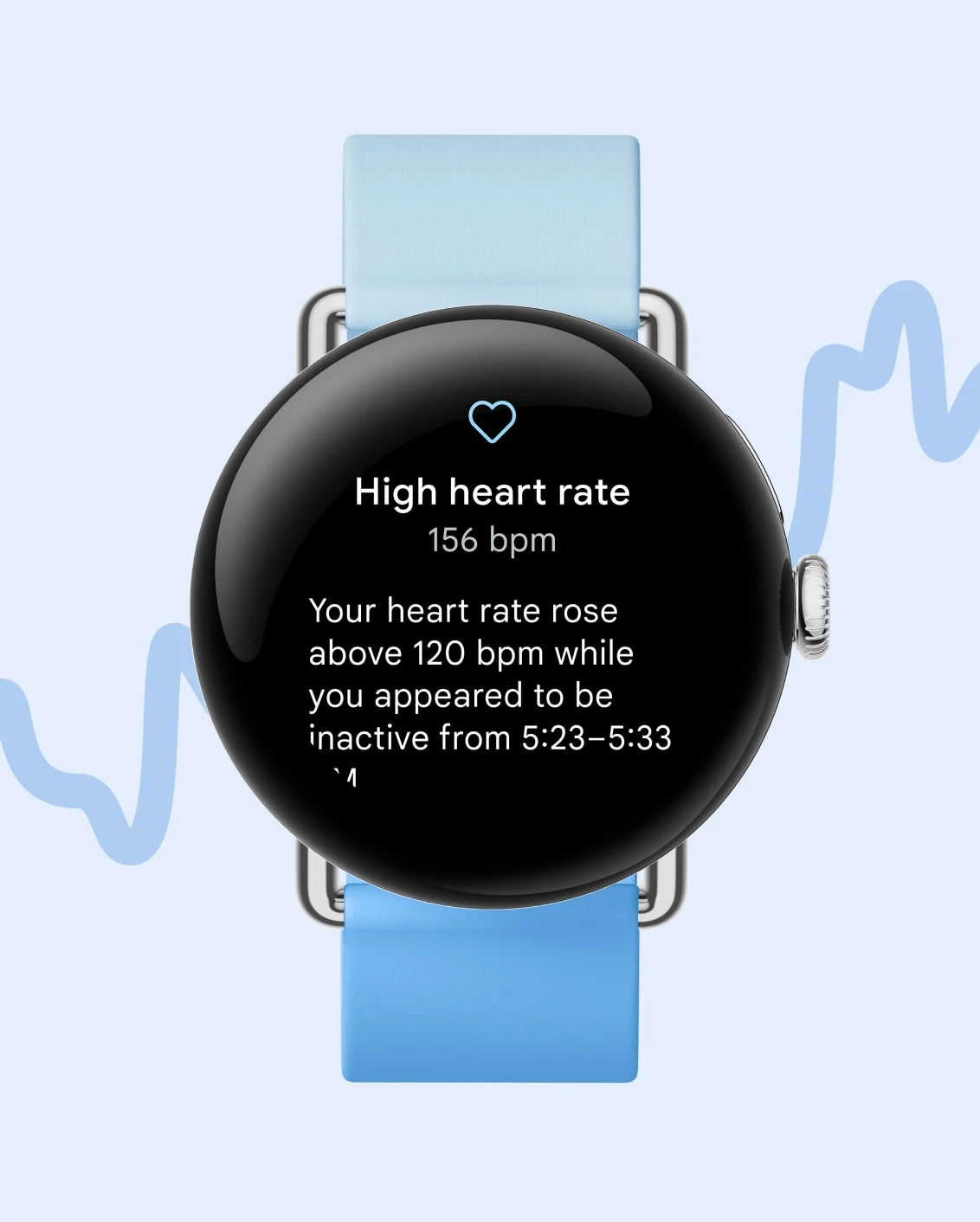 Google Pixel Watch 2 displaying heart rate information. It shows the wearer that their heart rate rose while inactive.