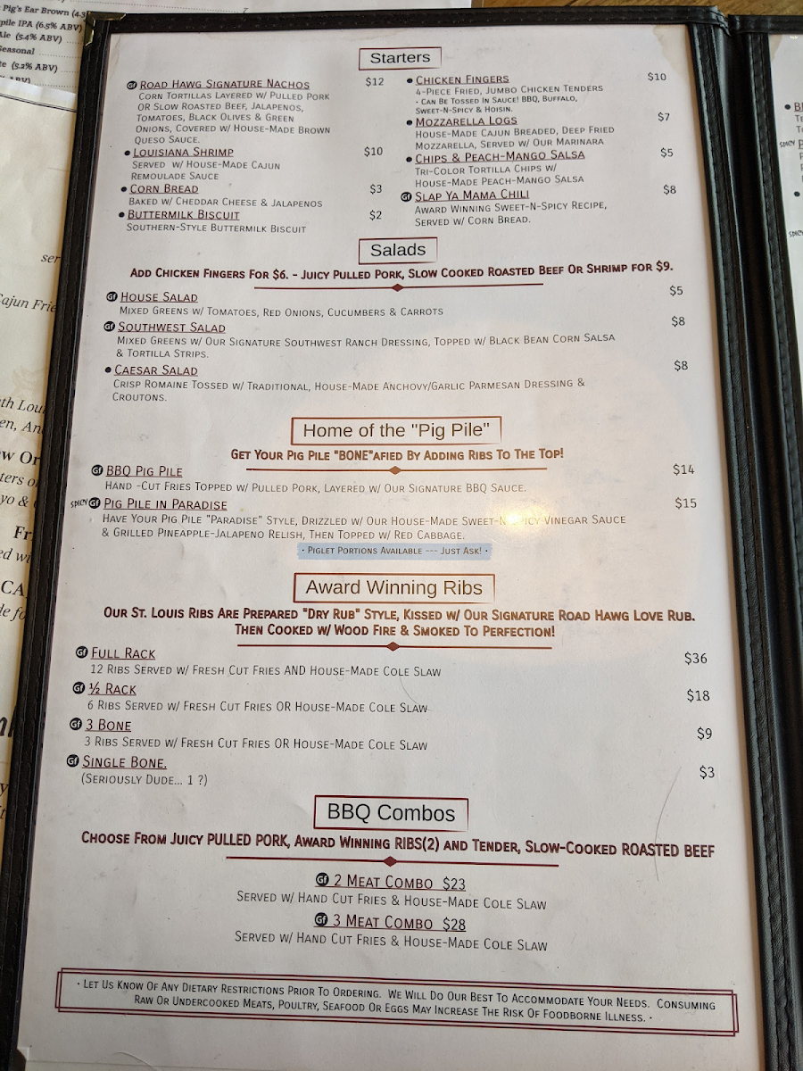 Road Hawg BBQ Swine Dining gluten-free menu