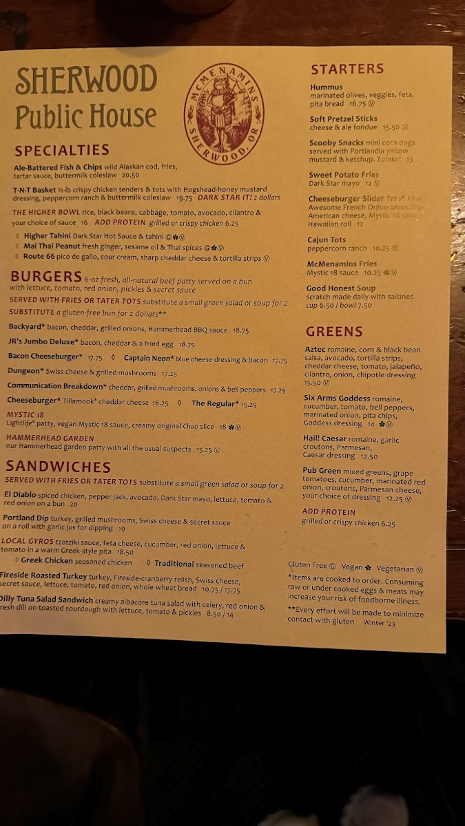 McMenamins Sherwood gluten-free menu