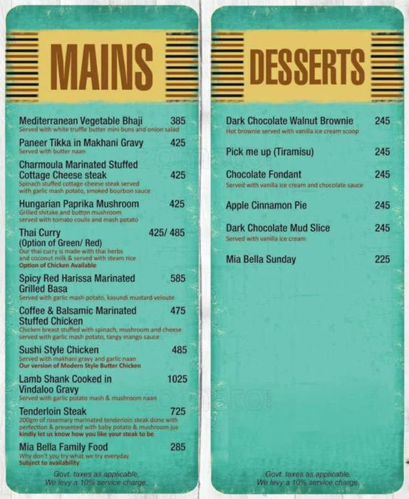 Mia Bella menu 