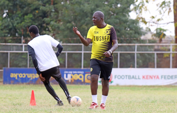 Tusker head coach Robert Matano issues instructions during a training session on Wednesday.