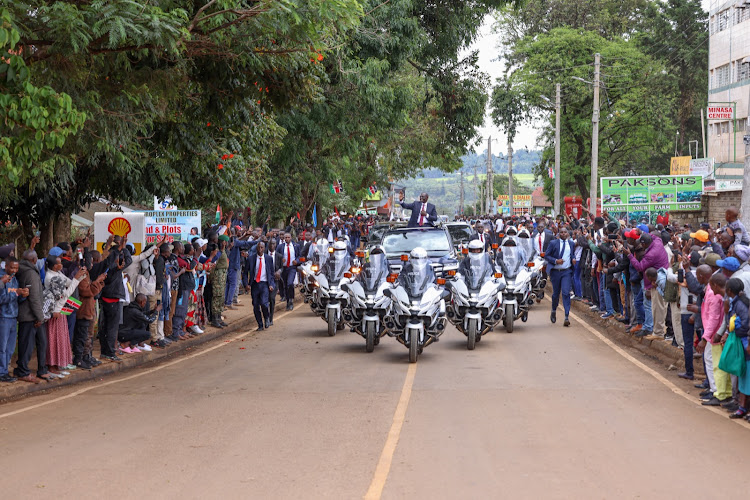 President William Ruto convoy in Kericho town as he waves at Kericho residents after the Mashujaa celebrations on October 20, 2023