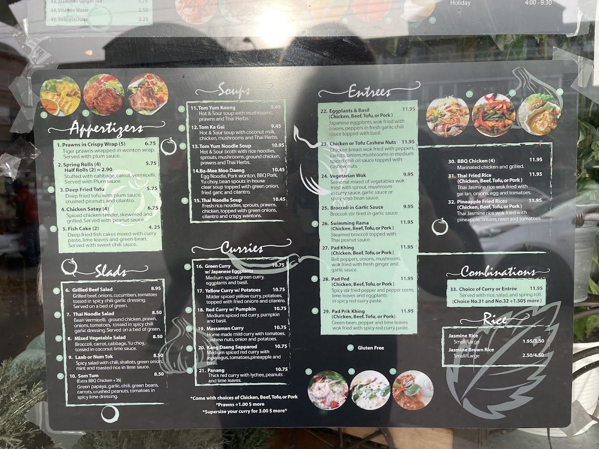 Menu with gluten free items marked.
