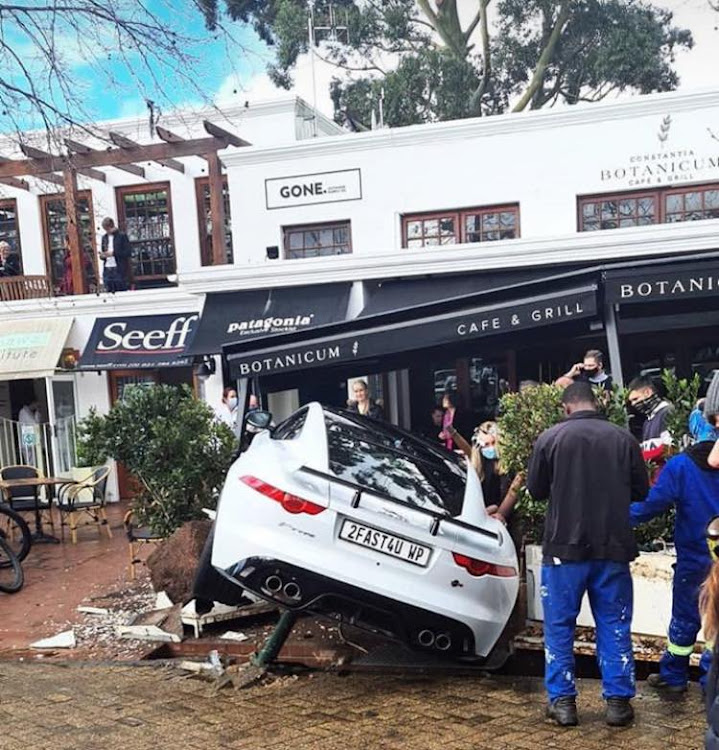 A Jaguar F-Type crashed into the outdoor seating area of Botanicum Cafe & Grill in Cape Town on Tuesday.