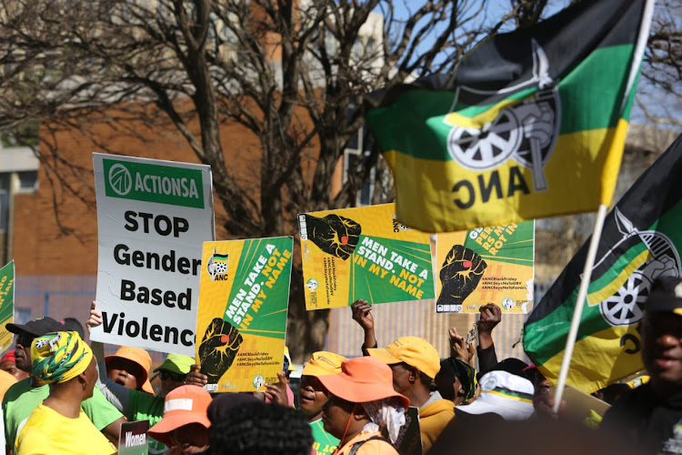 Protesters calling for an end to gender-based violence gathered at the Krugersdorp magistrate's court on Thursday for the court appearance of suspects linked to the gang rape of women during a music video shoot.