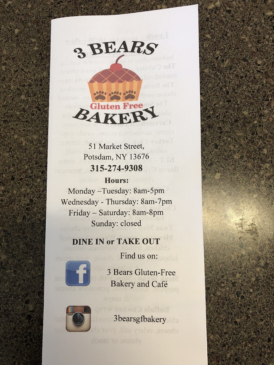 3 Bears Gluten Free Bakery and Cafe gluten-free menu