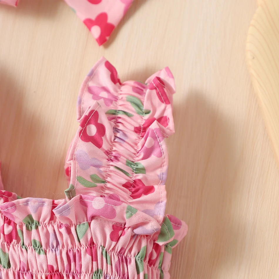 Macacão infantil de alcinha sem mangas Little Cuihua com estampa floral e faixa de cabelo, roupa de verão para bebê menina.