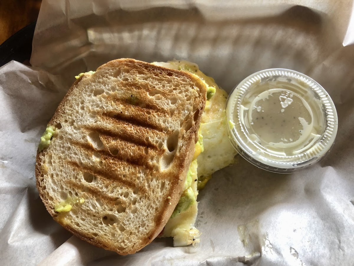 Breakfast sandwich on gf bread with side of bacon mayo