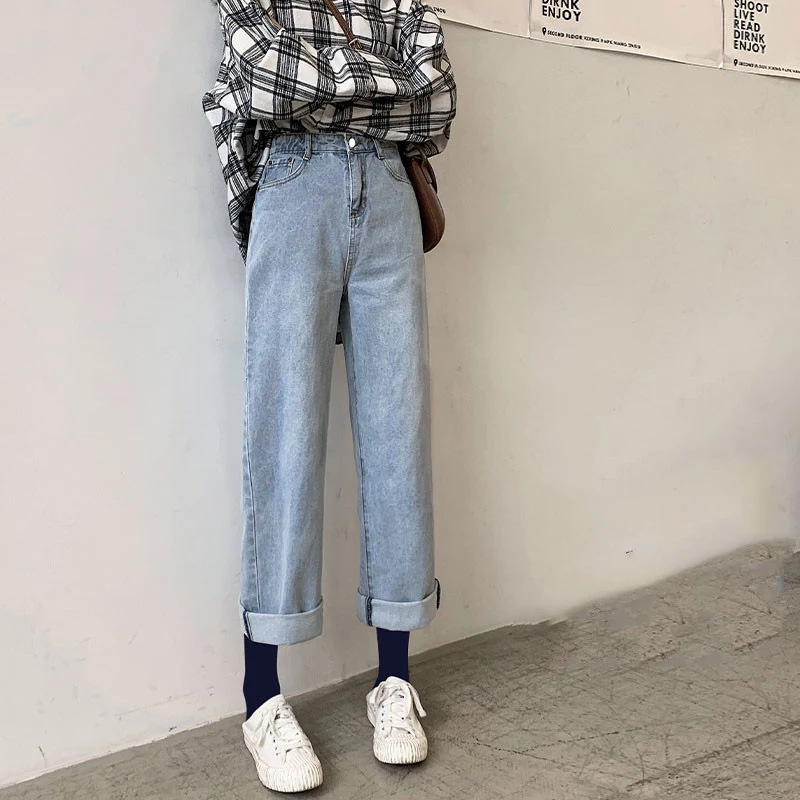 Losse straight wide leg jeans met hoge taille, dun voor lente en herfst. Comfortabele en stijlvolle broek met een elegante uitstraling.