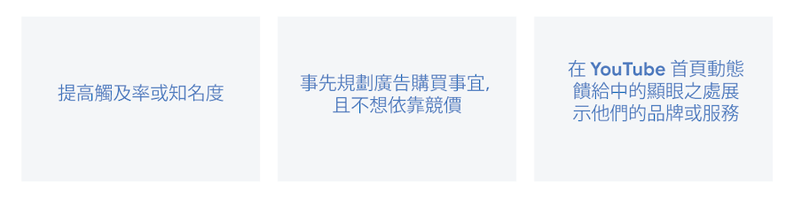 大幅提高觸及率或知名度；預先規劃購買行為而不使用競價；在 YouTube 首頁推薦內容的顯眼處顯示自家品牌或服務。