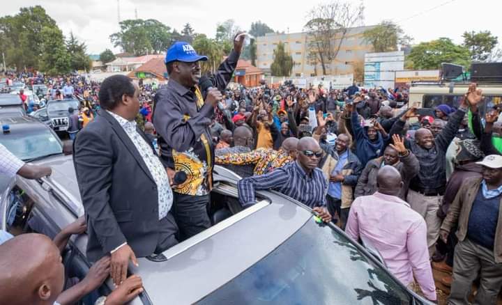 ODM leader Raila Odinga and Elgeyo Marakwet Governor Alex Tolgos campaigning in Iten on Friday, April 1, 2022.