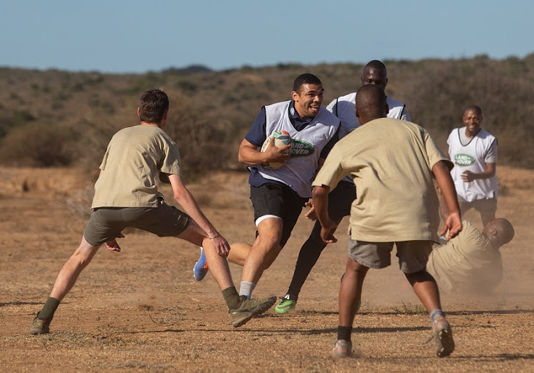 Land Rover, official Worldwide Partner of Rugby World Cup 2019TM, staged a bush rugby match with Rugby World Cup 2007 winner Bryan Habana and former New Zealand player Justin Marshall at Kwande Private Game Reserve on August 21, 2019 in Port Elizabeth, South Africa.