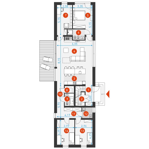 Zdjęcie rzutu Rzut parteru - wymiary szczegółowe projektu domu