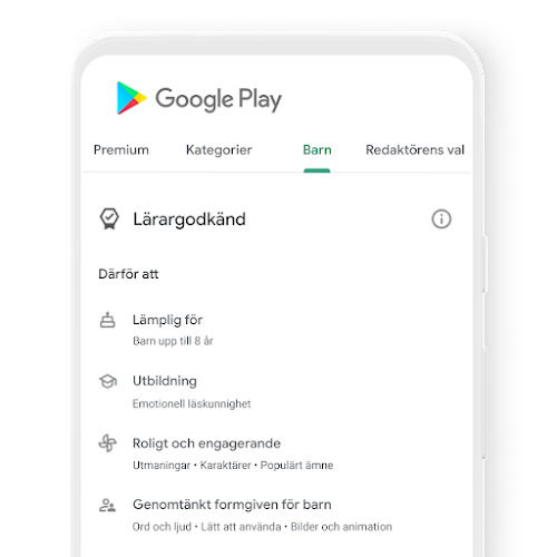 En telefon med fliken Kids på Google Play, där det finns innehåll som godkänts av lärare