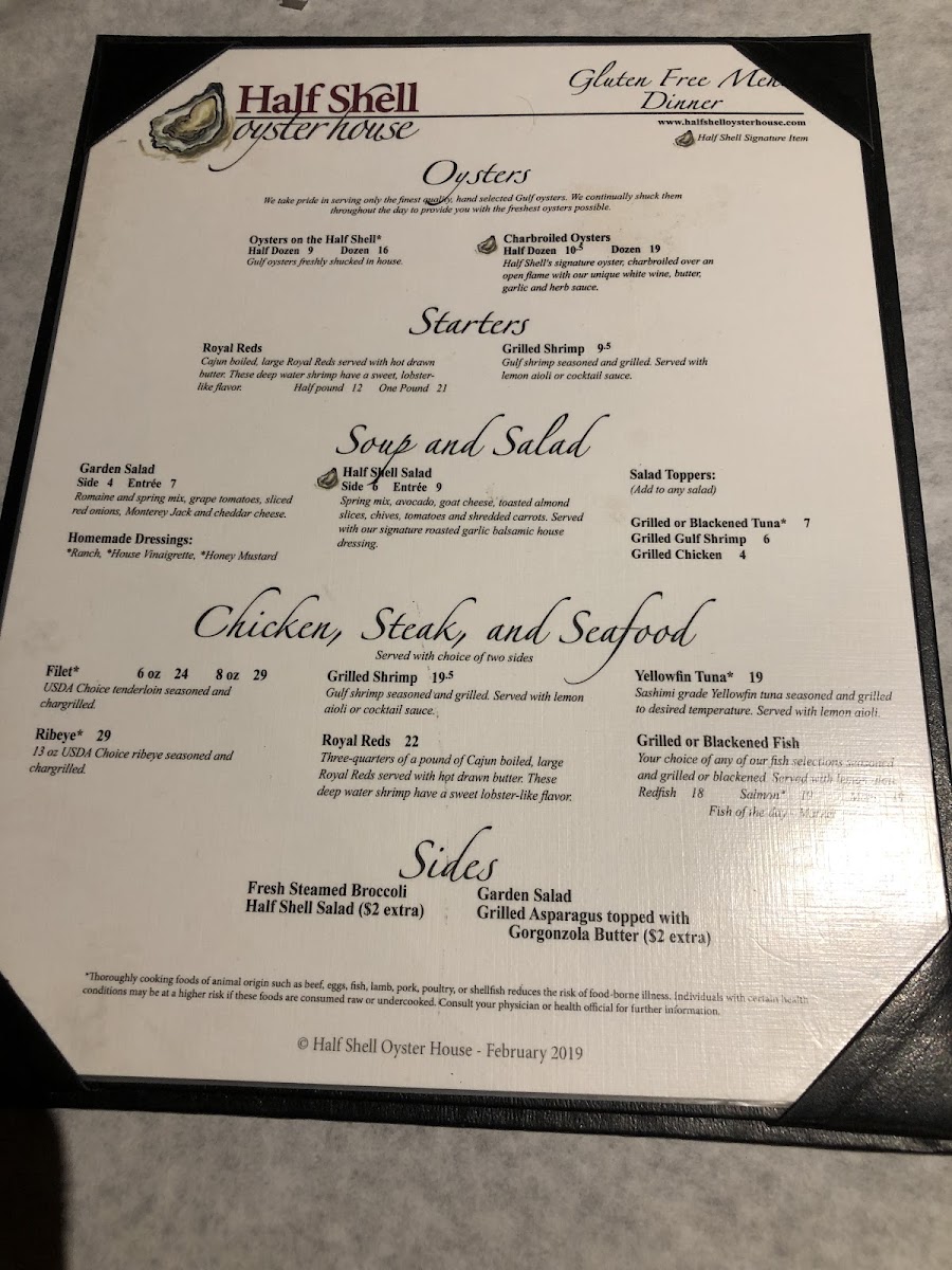 Half Shell Oyster House Gluten Free menu