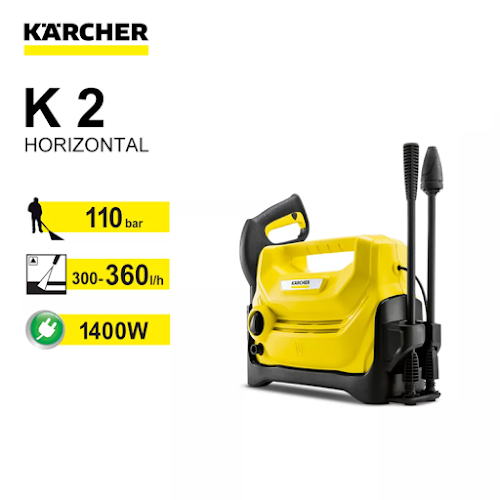 Máy xịt rửa áp lực cao Karcher K2 Horizontal, công suất 1400W gồm Dây áp lực 6 mét, Dây cấp nước 6 mét