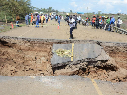 Part of the Mahiu Mahiu road that was cut off. photo/ANTONY GITONGA