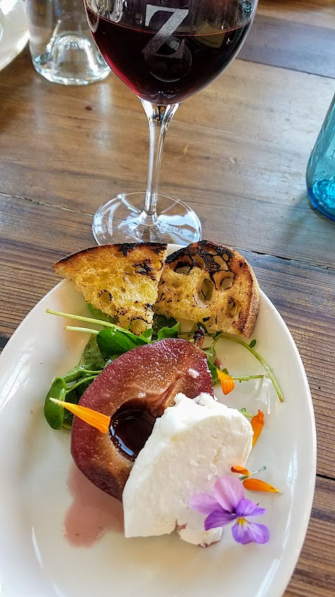 lunch with zazu kitchen + farm. Bohemian Creamery's bodacious cheese with a red wine pear, paired with Bucher Pinot Noir RRV 2014, part of the Artisan Cheese Festival tour visiting the Barlow in Sebastopol