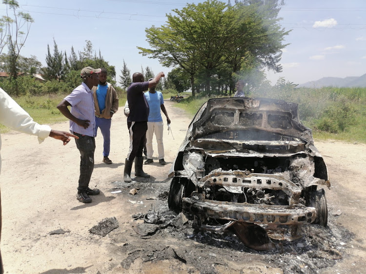 A burnt vehcle in Miwani following chaos over alleged takeover of the factory on Wednesday, March 2.