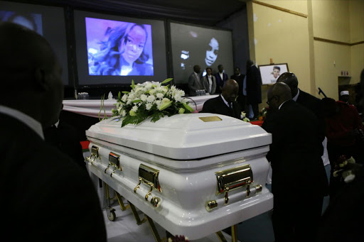 The casket arrives at the funeral service of Karabo Mokoena at the Diepkloof Multipurpose Centre in Soweto on Friday morning.