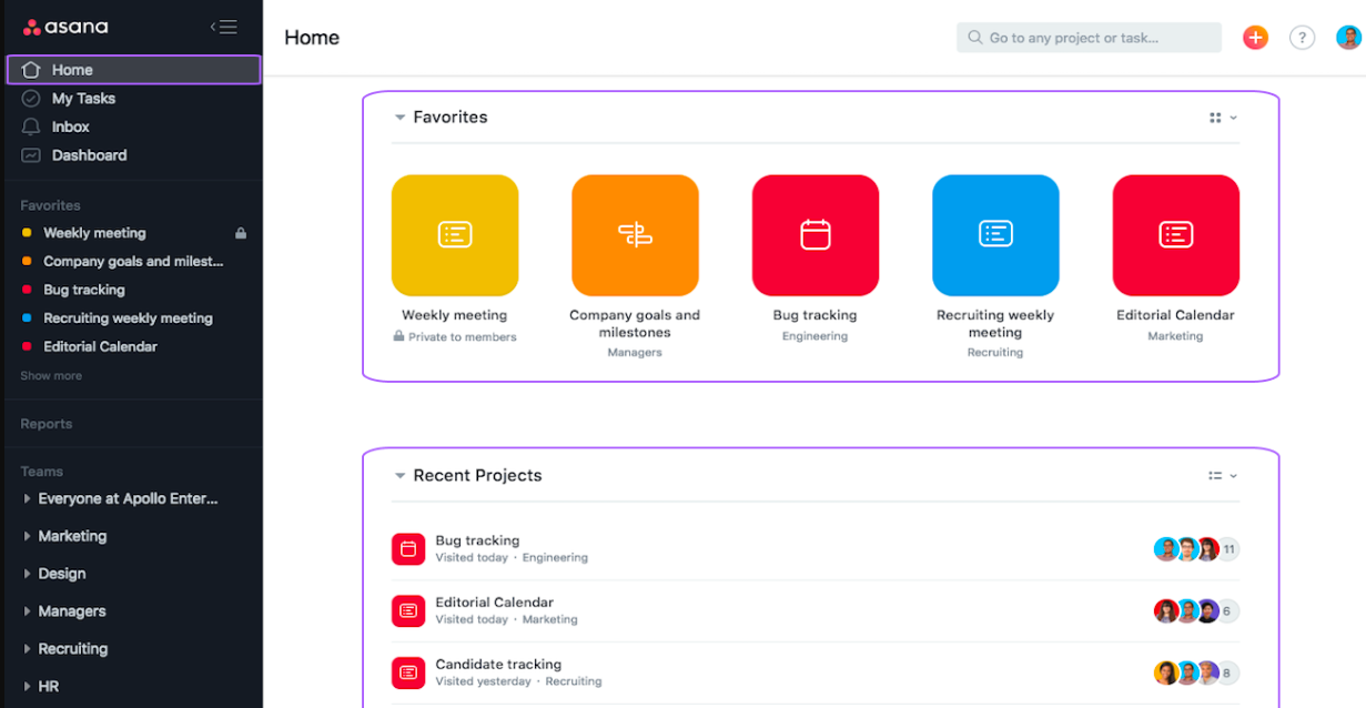 Asana dashboard