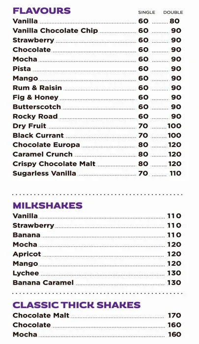 Corner House Ice Cream menu 