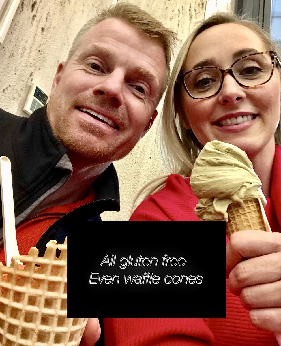 Waffle cones are gf too! I liked the tortuffo? Flavor gelato and my hubby loved the one with the cookies in it. Pistachio (in photo) was also good. You can sample flavors before buying! 100% gf shop!