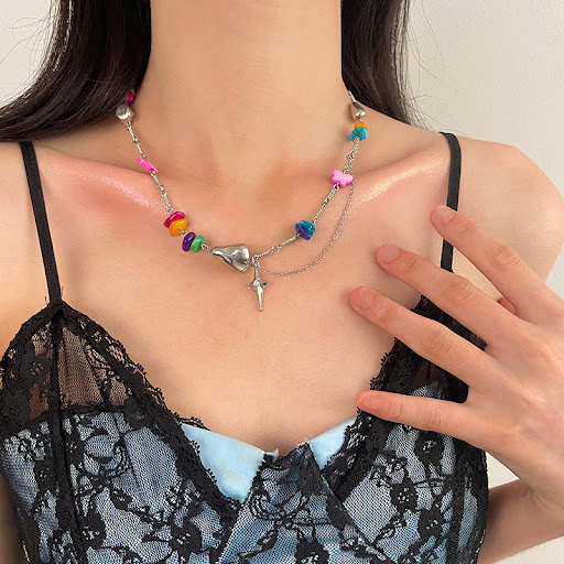 Title 1, Colorful Gravel Butterfly Stitching Cross Neckl...