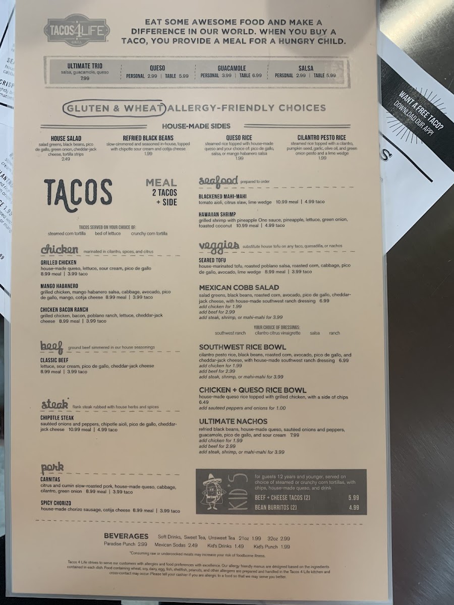 Tacos 4 Life gluten-free menu