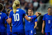 US forward Lynn Williams (6) celebrates with teammates after scoring a goal against South Africa in the first half at TQL Stadium.