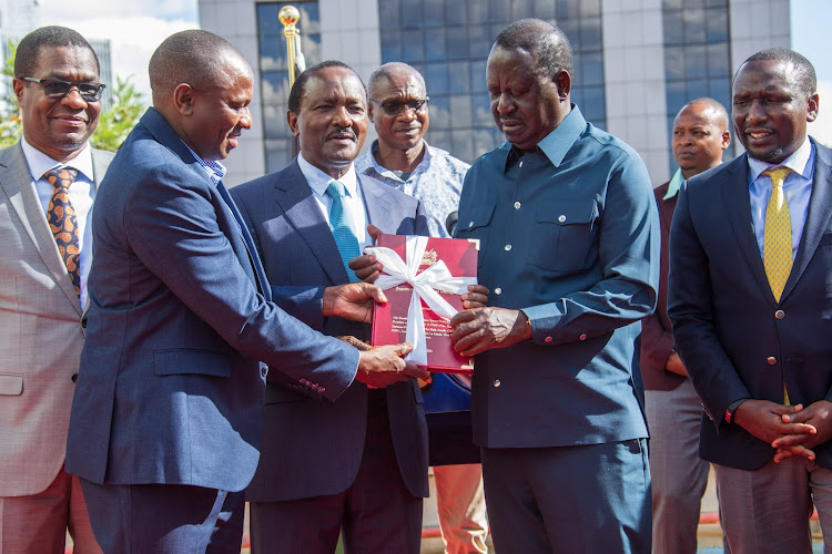 National Dialogue Committee (NADCO) co-chair Kimani Ichung'wah presents the team's report to Azimio leader Raila Odinga at his Capitol Hill office on March 8, 2024.